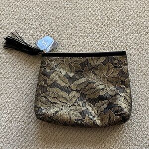 NEW Ulta Beauty Cosmetic Case Bag 8” x 9.75” Gold Black Suede Pattern Tassel NWT